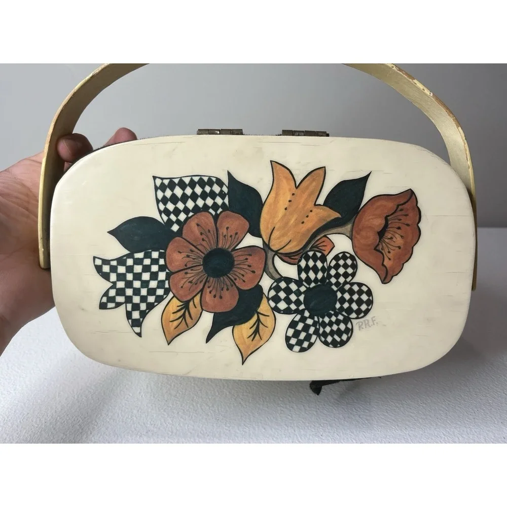 VTG Top Handle Wood‎ Basket Purse Floral Lid Woven Handbag Decoupage MCM